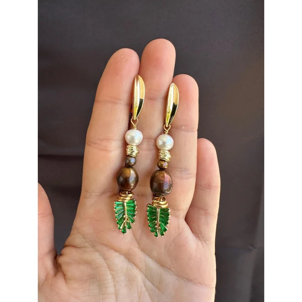 Nature-Inspired Leaf Long Dangle Earrings with Brown & white Freshwater Pearls -
